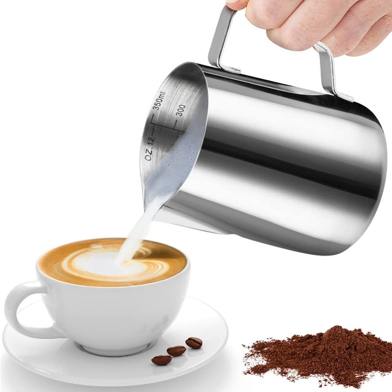 HOFASON 12oz Milk Frothing Pitcher, Stainless Steel Espresso Latte Cup Steaming Pitcher Creamer Cups, Milk Frother Cup Espresso Machine Accessories Barista Tools Jug for Coffee Cappuccino with Latte Art Pen - Image 2